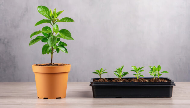 A potted plant stands beside a tray of seedlings on a wooden surface, showcasing growth and gardening potential.