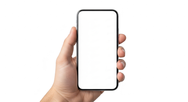 Hand holding modern smartphone with blank white screen display