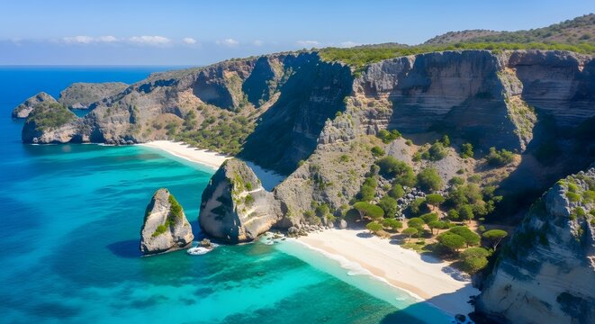 Seaside Serenity: A panoramic vista unveils a breathtaking coastline where rugged cliffs embrace a pristine sandy beach, caressed by the turquoise embrace of the ocean under a clear, sunlit sky. 