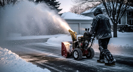 Man using snowblower to clear driveway in winter — ideal for winter safety, snow removal and outdoor maintenance content.
