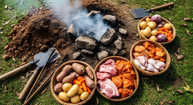Campfire Cuisine: An inviting outdoor scene of a rustic campfire, accompanied by an array of fresh, raw ingredients. A tantalizing glimpse into a natural and traditional cooking experience. - Powered by Adobe