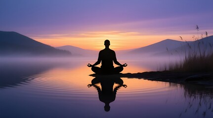 Silhouette of a Person Meditating on a Lake at Sunset for Spiritual Peace and Reflection