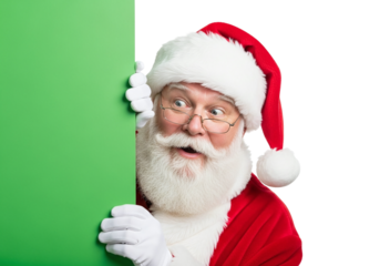 Santa Claus Peeking with a Surprised Look from Behind a Green Board