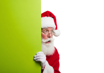 Santa Claus Peeking with a Surprised Look from Behind a Green Board