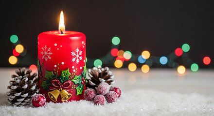 Red holiday candle with pine cones and berries on snow with lights  