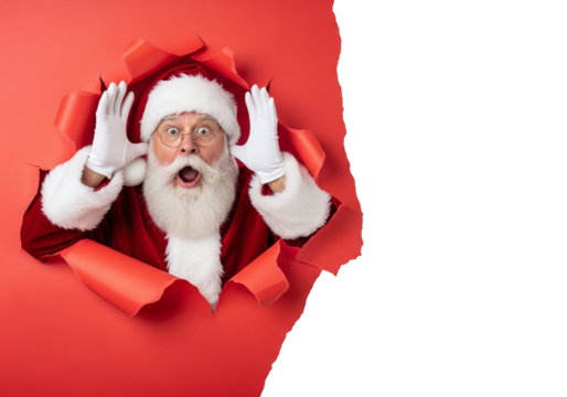 Surprised Santa Claus Bursts Through Red Paper with Hands Up