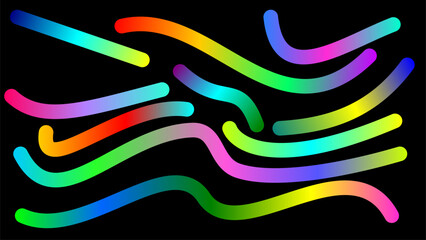 Abstract vibrant rainbow gradient lines and flowing curves on a solid black background.