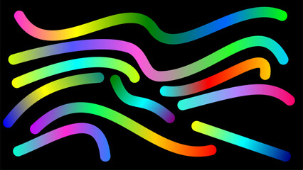 A collection of vibrant, multicolored gradient lines and curves flowing across a solid black background.