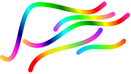 Vibrant rainbow-colored curved lines creating a dynamic abstract pattern on a white background.