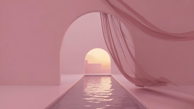 Serene pink archway with reflecting pool and flowing drapes