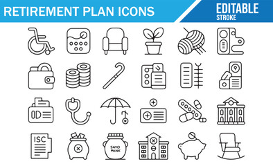 Business and healthcare retirement icons in clean black and white style