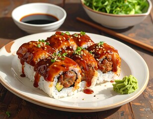 Delicious and visually appealing teriyaki sushi rolls on a plate ready to be served