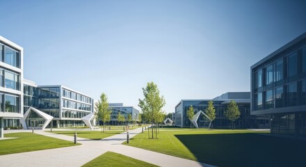 Contemporary office park featuring modern architecture and verdant landscaping