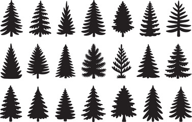 Fototapeta premium Set of twenty black silhouette evergreen tree icon shapes isolated on white background