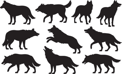 Collection of nine black wolf silhouettes in various poses
