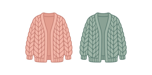 Flat vector illustration two chunky knit cardigans cozy winter style pastel colors clean silhouettes 2x1 grid equal spacing isolated on white