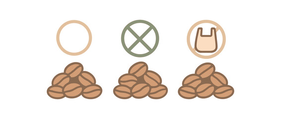 Flat vector illustration three coffee bean piles zero contain theme bagfree and plasticfree pastel colors 3x1 grid equal spacing isolated on white