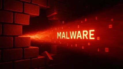 Digital depiction of malware breaking through a wall, highlighting the threat of cyber attacks in vivid red light. - Powered by Adobe