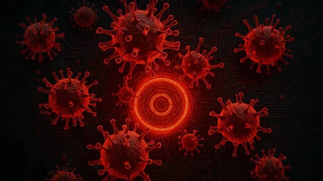 Abstract representation of viruses in vibrant red, illustrating the microscopic world of pathogens and their structure. - Powered by Adobe
