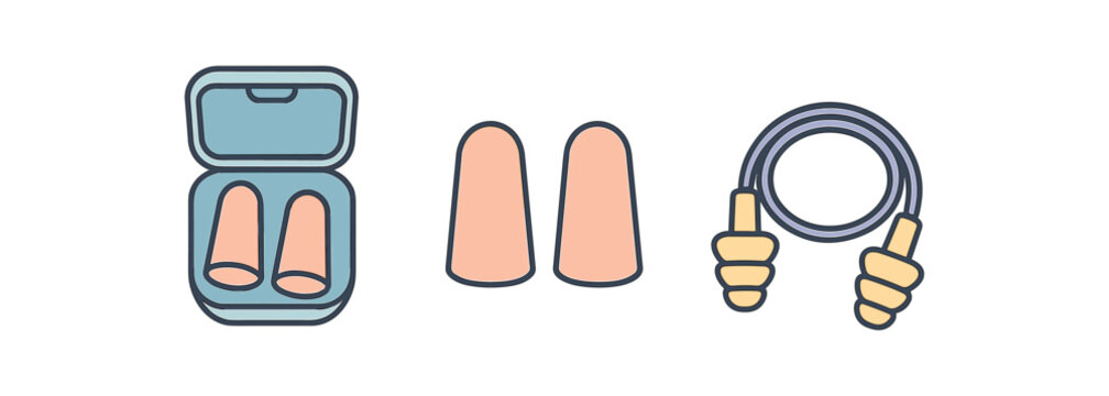 Flat vector illustration three earplug sets sleep routine style pastel colors tiny forms 3x1 grid equal spacing isolated on white full objects visible