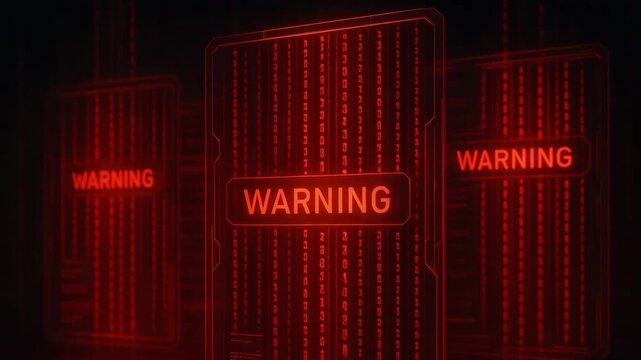 Red warning screens display alerts in a digital environment, highlighting security threats and system malfunctions.