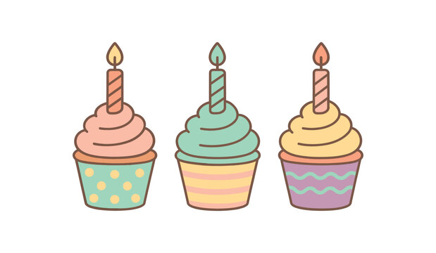 Flat vector illustration three cupcakes festive pastels cute style simple patterns (dots stripes waves) striped candles 3x1 grid equal spacing isolated on white