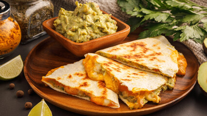 Quesadilla with guacamole served on a wooden plate