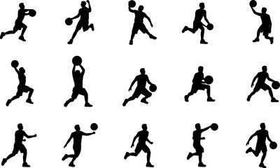 Basketball player silhouettes dribbling shooting passing and training on white backdrop