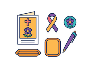 Flat vector funeral program set: folded program ribbon lapel pin tray pen bright vibrant palette clean outlines minimal centered isolated on white no logos