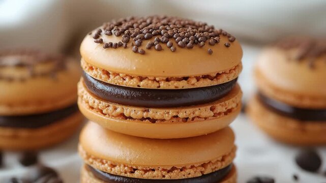 Delicious macarons with rich chocolate filling and coffee beans on a neutral surface