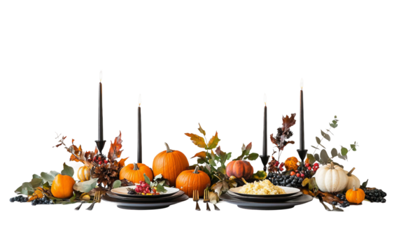 Elegant fall-themed table arrangement featuring seasonal decorations and candlelight for holiday celebration isolated on transparent background PNG