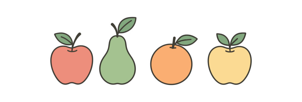 Flat vector illustration four loose fruits ( pear orange) packagefree theme no plastic wrap pastel colors 4x1 grid equal spacing isolated on white