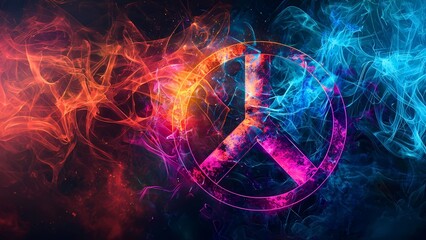 Peace sign of world peace symbol in the middle, surrounded by vibrant smoke effects, embodying global harmony and tranquility. 