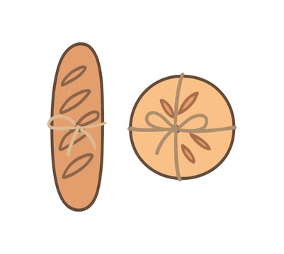 Flat vector illustration two bakery loaves tied with string only zero contain theme pastel colors plasticfree 2x1 grid equal spacing isolated on white