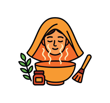 Flat vector face steaming: steamer bowl towel herbs jar brush bright vibrant palette clean outlines minimal centered isolated on white no logos