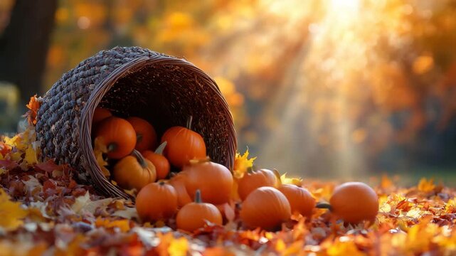 Harvest season brings bright orange pumpkins spilling from a basket among vibrant autumn leaves in a sunlit park