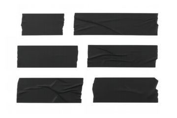 Black adhesive tape pieces for labels and tags, creating sticky notes and textures on a transparent background