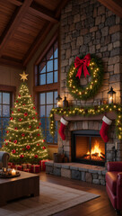 Fototapeta premium Rustic Living Room with Lit Fireplace and Decorated Christmas Tree — Warm Holiday Interior