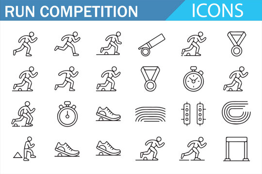 Sports competition line icons featuring runners and racing elements