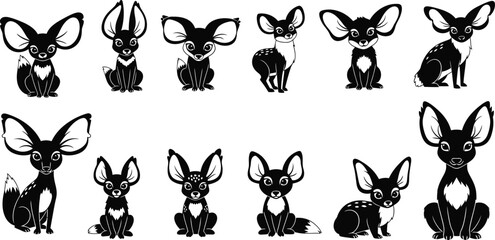 Set of Stylized Black and White Fennec Fox Illustrations with Large Ears desert fox animal