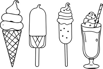 Monochrome Doodle Icons of Ice Cream Cones and Shakes
