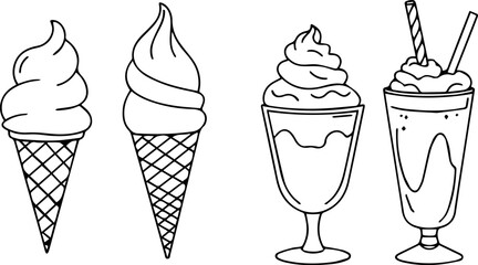 Black and White Ice Cream and Milkshake Line Art Set