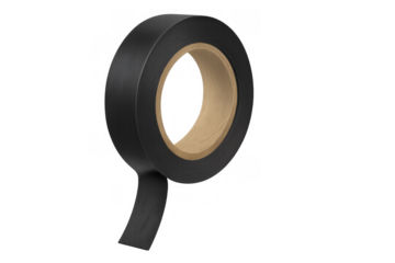 Black electrical tape roll with kraft paper core unwinding, creating a useful adhesive path for insulation