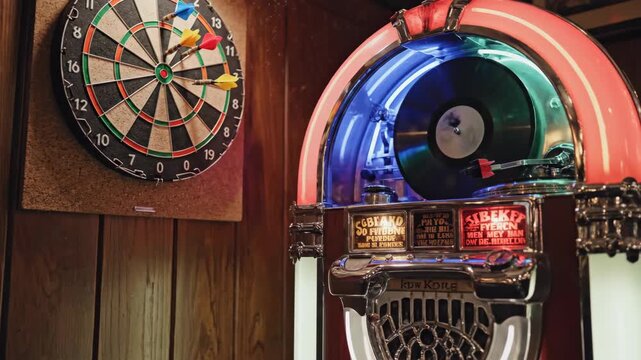 Dartboard and jukebox with colorful lighting against wood panel background
