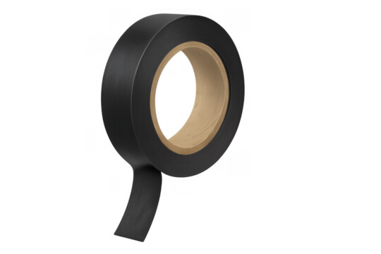 Black electrical tape roll with kraft paper core unwinding, creating a useful adhesive path for insulation