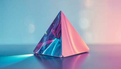 A pyramid with a pink and blue side resting on a reflective surface with a soft light background