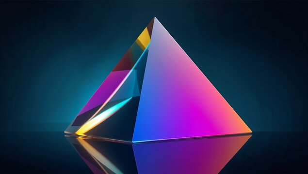 A colorful prism refracting light on a reflective surface against a dark blue gradient background