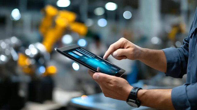 Faceless engineer using a tablet to analyze tool specifications in a smart workshop, cool-toned lighting, professional atmosphere, with copy space.