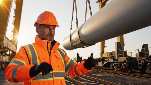 Construction worker managing heavy cargo loading at train yard  