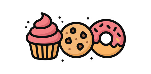 flat vector bold outline sweet trio white background sticker style steady rhythm sugar dust cupcake donut chip